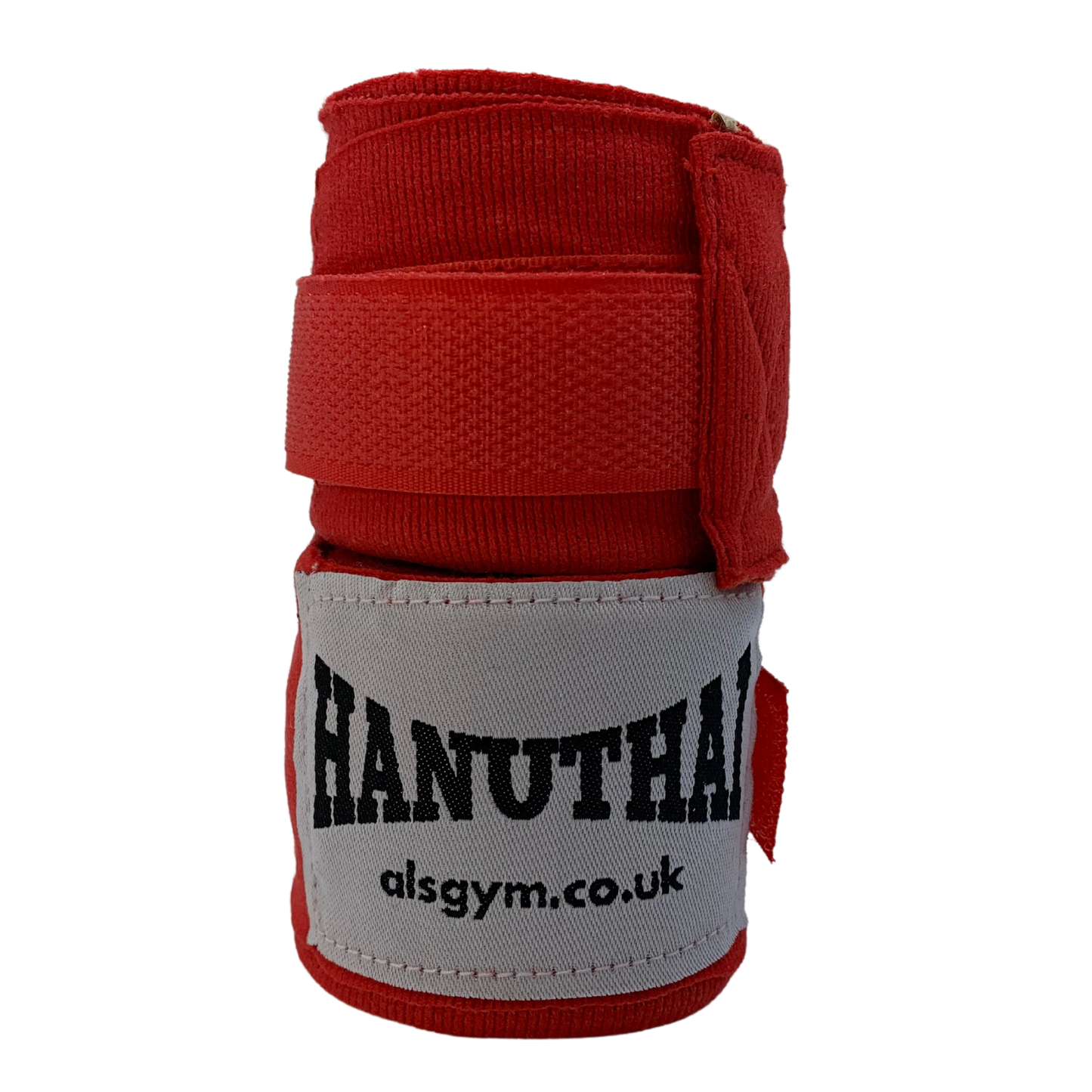 Muay Thai Hand Wraps - Red by Hanuthai, branded with "HANUTHA" and "alsgym.co.uk," offer a secure velcro closure for easy adjustments, ideal for combat sports.