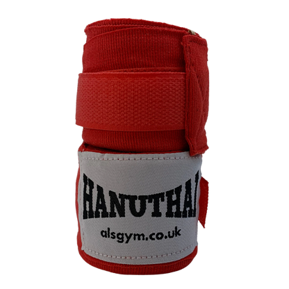 Muay Thai Hand Wraps - Red by Hanuthai, branded with "HANUTHA" and "alsgym.co.uk," offer a secure velcro closure for easy adjustments, ideal for combat sports.