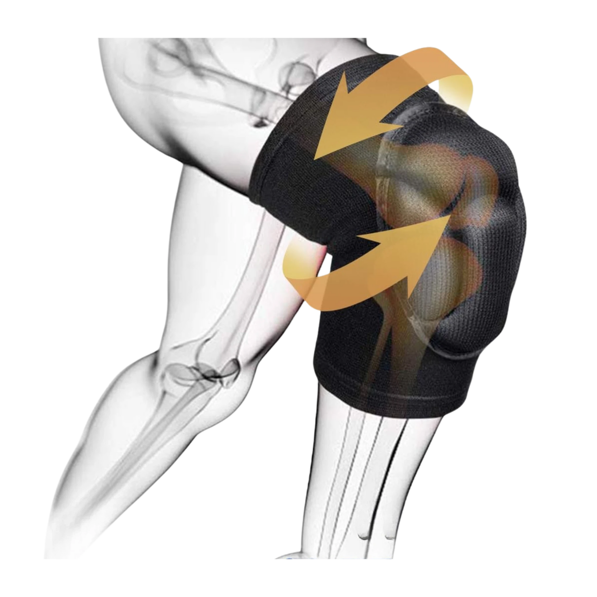 Image of a transparent leg showing bones, wearing Hanuthai Gel-Padded Knee Pads – Black. Two orange arrows highlight the knee for support or movement, perfect for impact absorption during Muay Thai strikes.