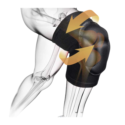 Image of a transparent leg showing bones, wearing Hanuthai Gel-Padded Knee Pads – Black. Two orange arrows highlight the knee for support or movement, perfect for impact absorption during Muay Thai strikes.