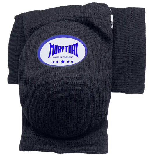 Explore top-tier protection with our black Muay Thai knee pad, crafted for durability and longevity. Adorned with a bold blue logo featuring white text and stars, it offers both style and strength in every workout. Pair it seamlessly with our Muay Thai elbow pads for comprehensive defense.